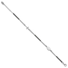 Sterling Silver Rhodium-plated Polished Black CZ 6.75 inch with 1.25 inch extender Rosary Bracelet