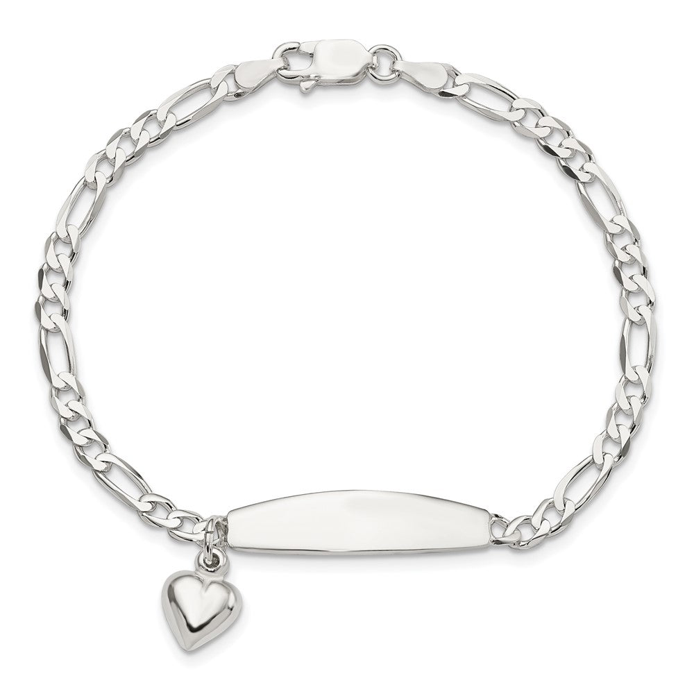 Sterling Silver Polished Figaro ID Heart Dangle Bracelet - 2