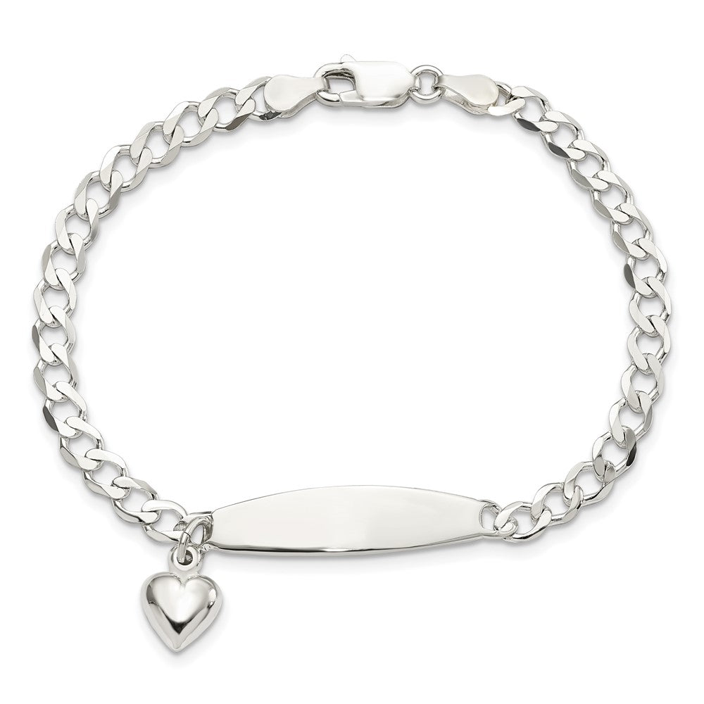Sterling Silver Polished Curb Link ID Heart Dangle 8.5in Bracelet - 2