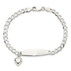 Sterling Silver Polished Curb Link ID Heart Dangle 8.5in Bracelet - 2