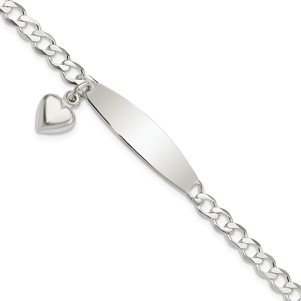 Sterling Silver Polished Curb Link ID Heart Dangle 8.5in Bracelet - 2