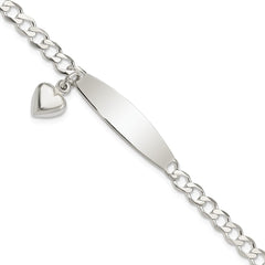 Sterling Silver Polished Curb Link ID Heart Dangle 8.5in Bracelet - 2