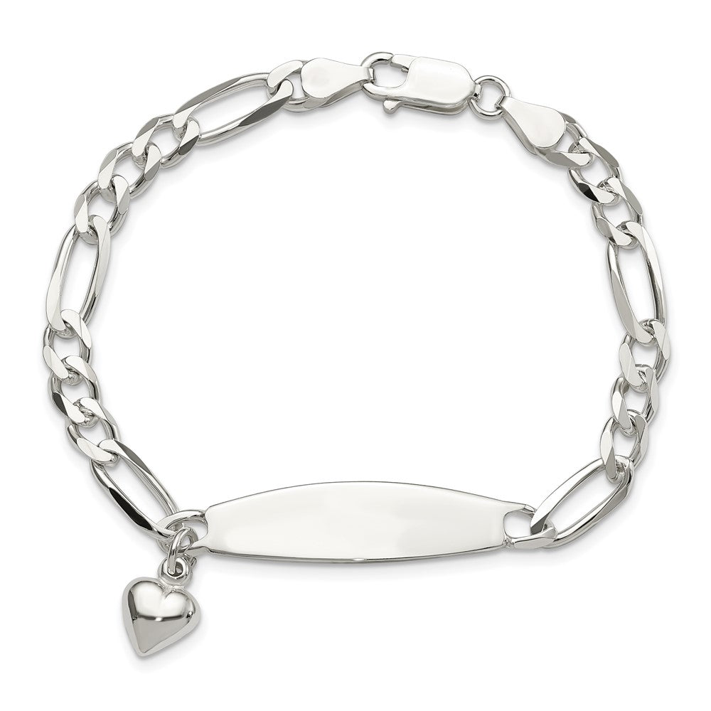 Sterling Silver Polished Figaro ID Heart Dangle 8.5in Bracelet - 2