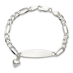 Sterling Silver Polished Figaro ID Heart Dangle 8.5in Bracelet - 2