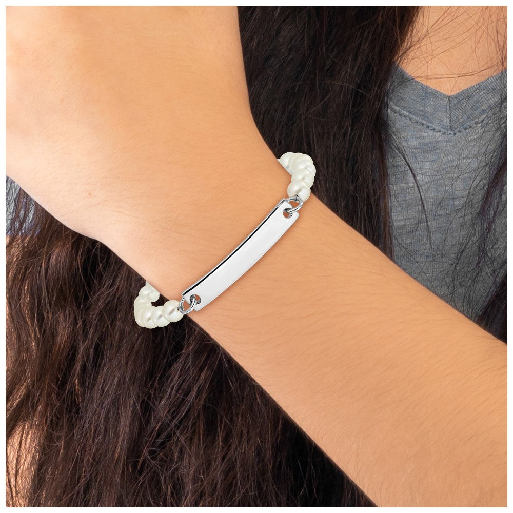 Sterling Silver Rh-plated Freshwater Cultured Pearl Children's ID Bracelet