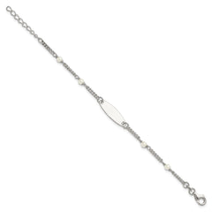 Sterling Silver Polished Curb Link and Acrylic Pearl 5 inch with 1 inch Extension Childrens ID Bracelet