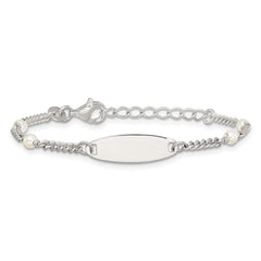 Sterling Silver Polished Curb Link and Acrylic Pearl 5 inch with 1 inch Extension Childrens ID Bracelet