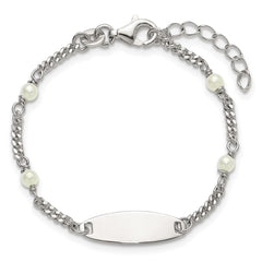 Sterling Silver Polished Curb Link and Acrylic Pearl 5 inch with 1 inch Extension Childrens ID Bracelet
