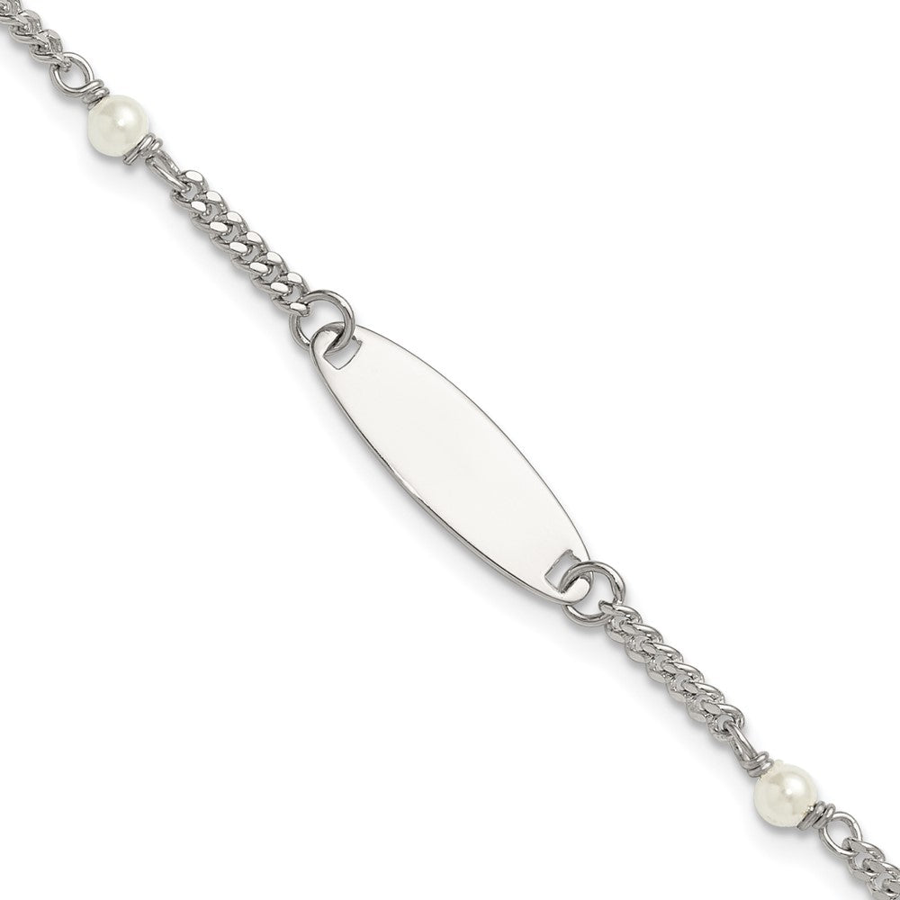 Sterling Silver Polished Curb Link and Acrylic Pearl 5 inch with 1 inch Extension Childrens ID Bracelet