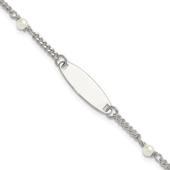 Sterling Silver Polished Curb Link and Acrylic Pearl 5 inch with 1 inch Extension Childrens ID Bracelet