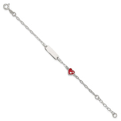 Sterling Silver Polished Red and White Enameled Heart 5 inch with 1 inch extension Childrens ID Bracelet