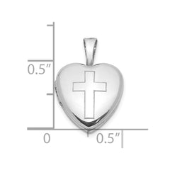 Sterling Silver Rhodium-plated Polished Cross 12mm Heart Locket