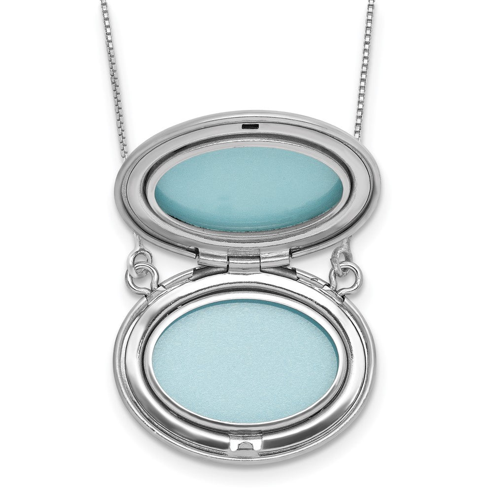 Sterling Silver Rhodium-plated Brushed/Polished Pink and Green Epoxy MOM Rose 18.75 inch with 2 inch ext. 20mm Oval Locket Necklace