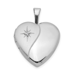 Sterling Silver Rhod-plated Polished/Satin Diamond 16mm D/C Heart Locket