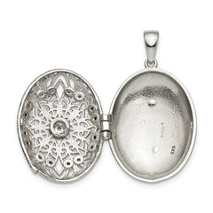 Sterling Silver Rhodium-plated CZ Filigree Top Polished Back Oval Locket
