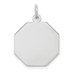 SS Rh-plt Engraveable Octagon Polished Front/Satin Back Disc Charm - 8