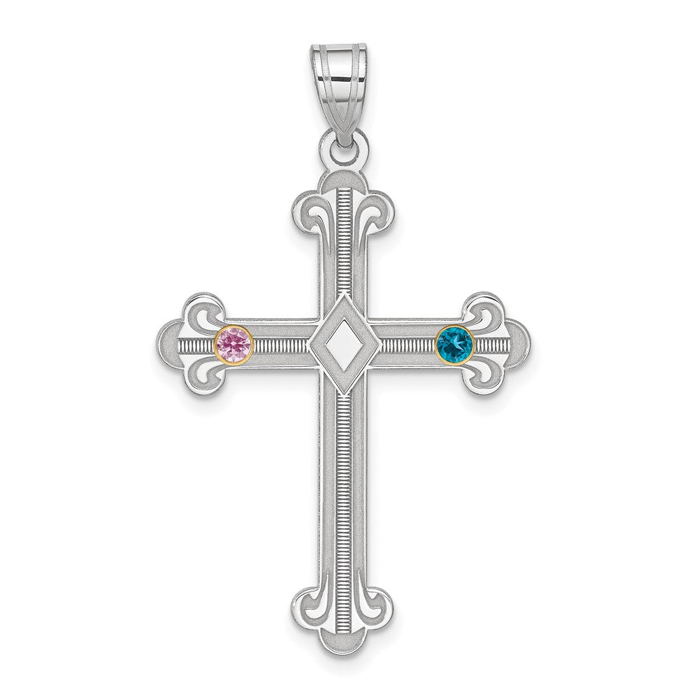 Sterling Silver Rh-plt/14k Bezel Crystal Family Cross Pendant - 5