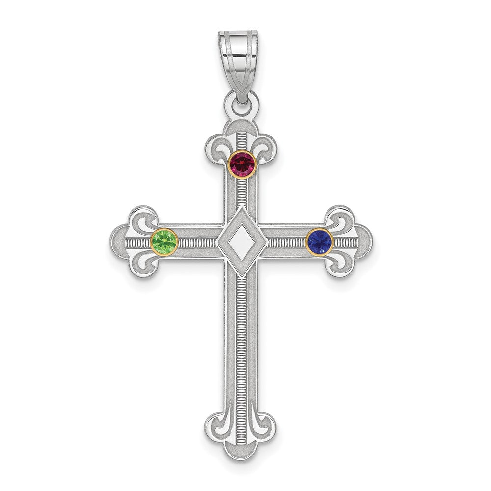 Sterling Silver Rh-plt/14k Bezel Crystal Family Cross Pendant - 6