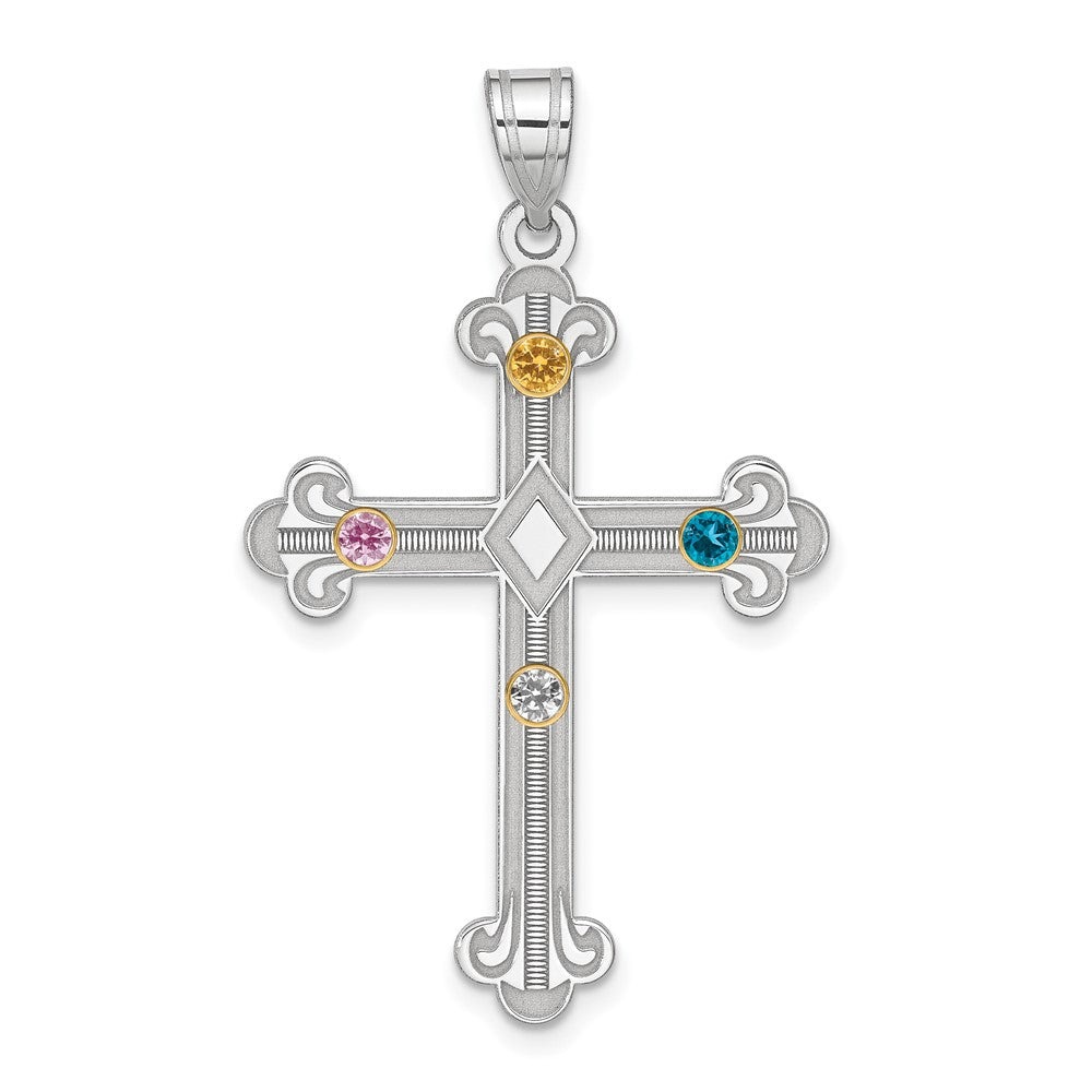 Sterling Silver Rh-plt/14k Bezel Crystal Family Cross Pendant - 9
