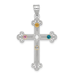 Sterling Silver Rh-plt/14k Bezel Crystal Family Cross Pendant - 9
