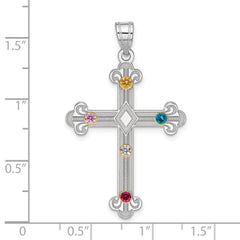 Sterling Silver Rh-plt/14k Bezel Crystal Family Cross Pendant - 10