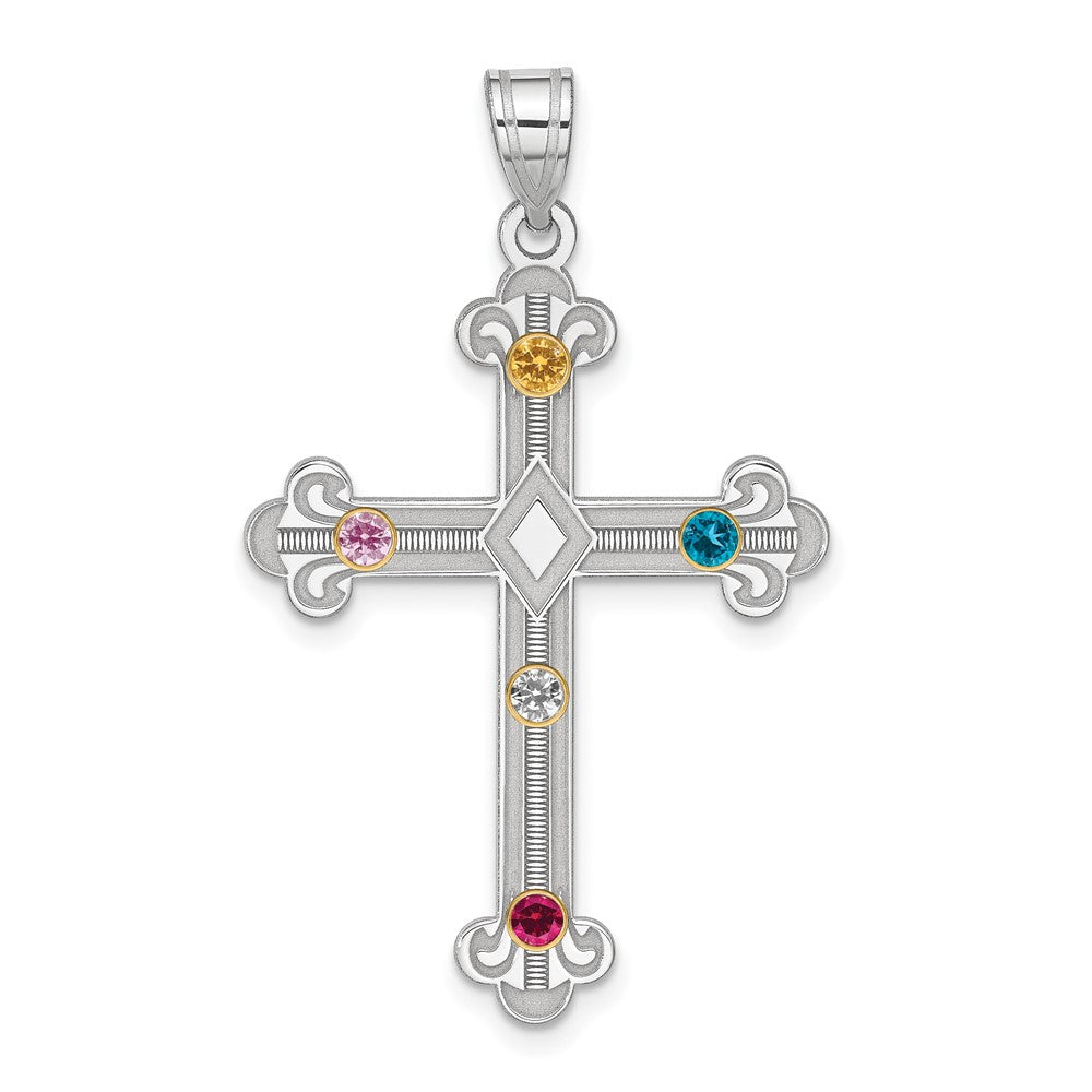 Sterling Silver Rh-plt/14k Bezel Crystal Family Cross Pendant - 10