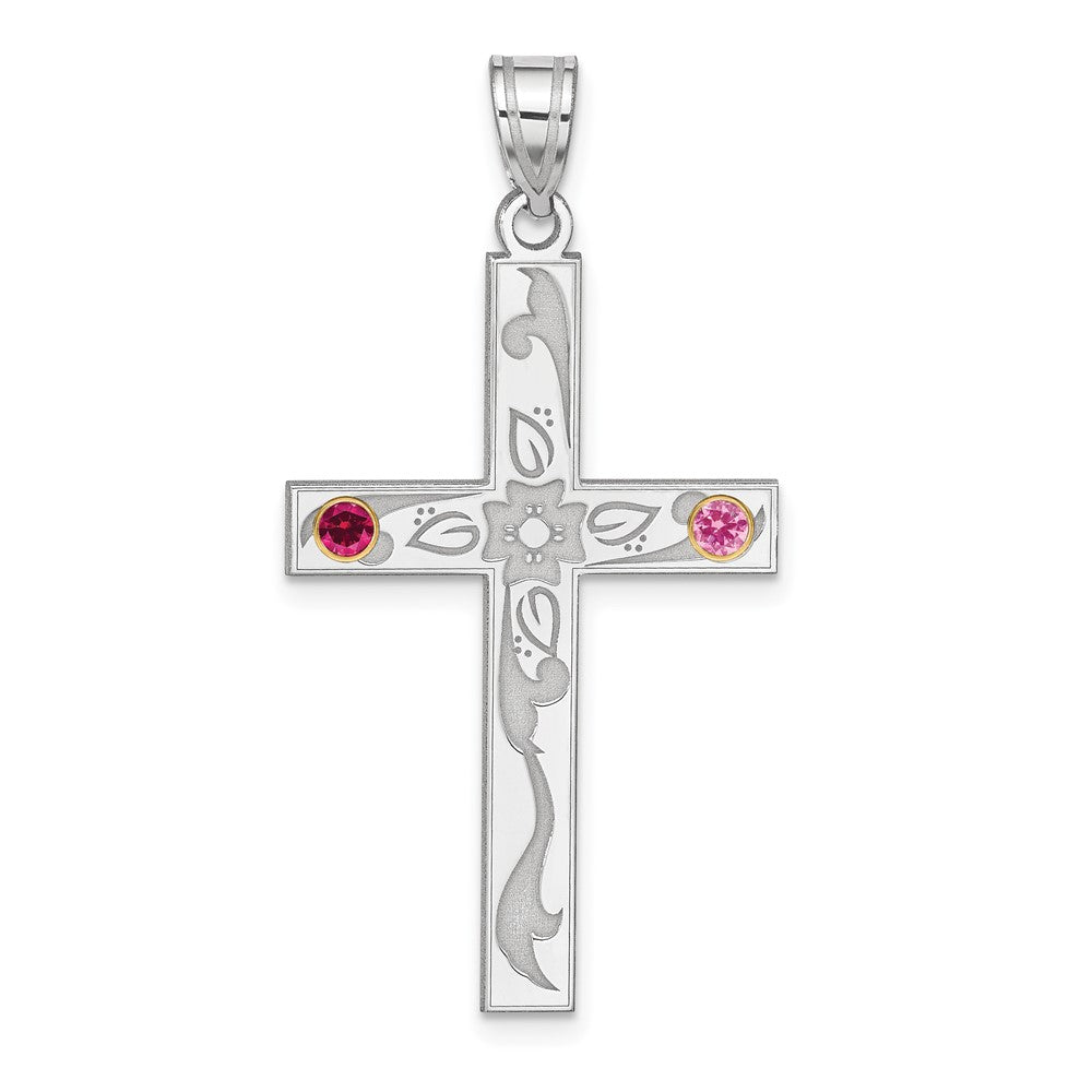 Sterling Silver Rh-plt/14k Bezel Crystal Family Cross Pendant - 2