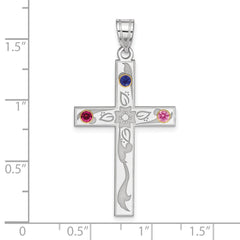 Sterling Silver Rh-plt/14k Bezel Crystal Family Cross Pendant - 7