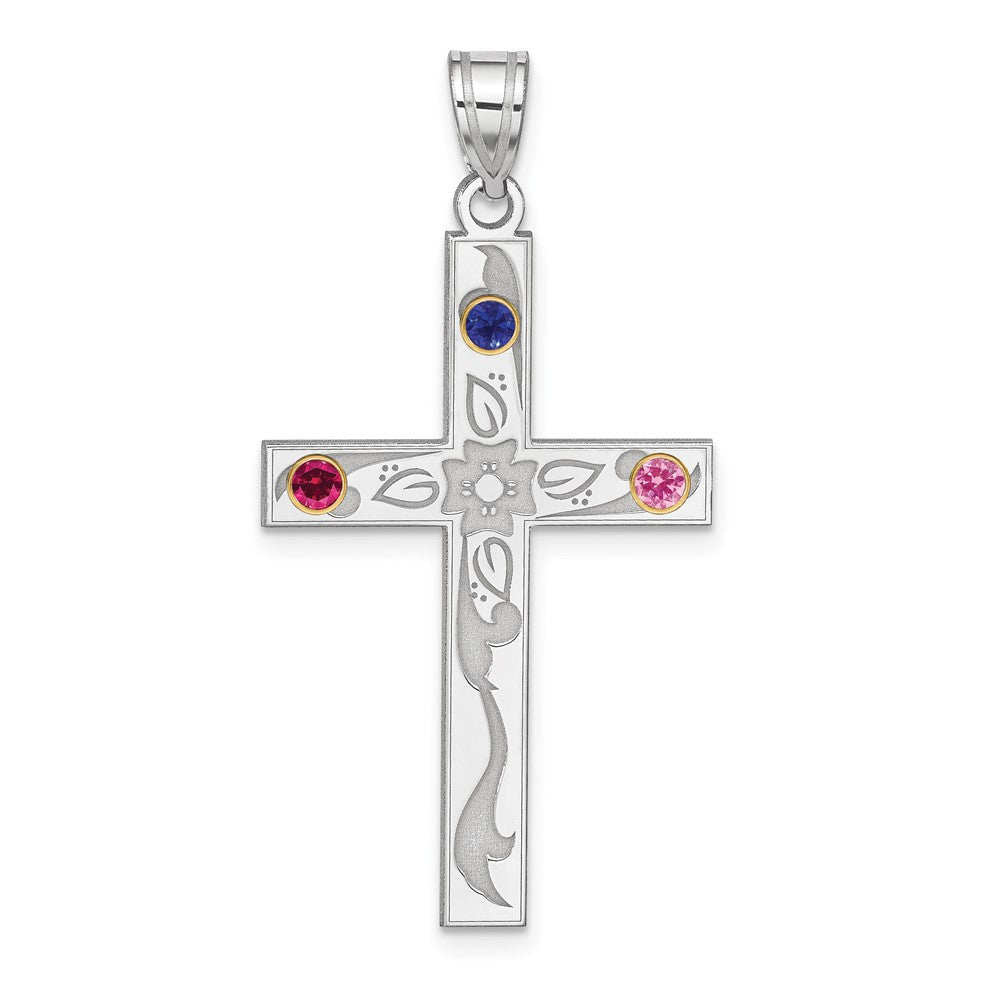 Sterling Silver Rh-plt/14k Bezel Crystal Family Cross Pendant - 7