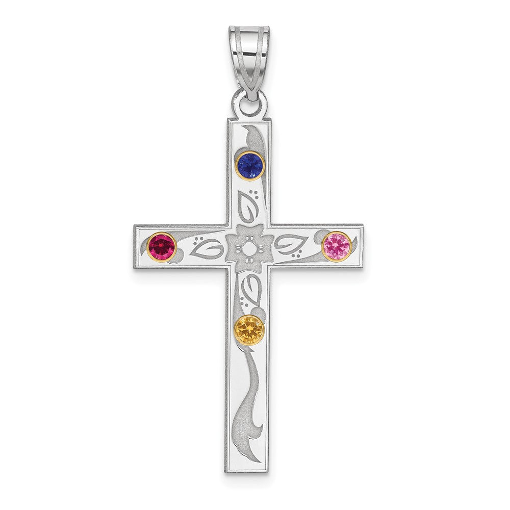 Sterling Silver Rh-plt/14k Bezel Crystal Family Cross Pendant - 11