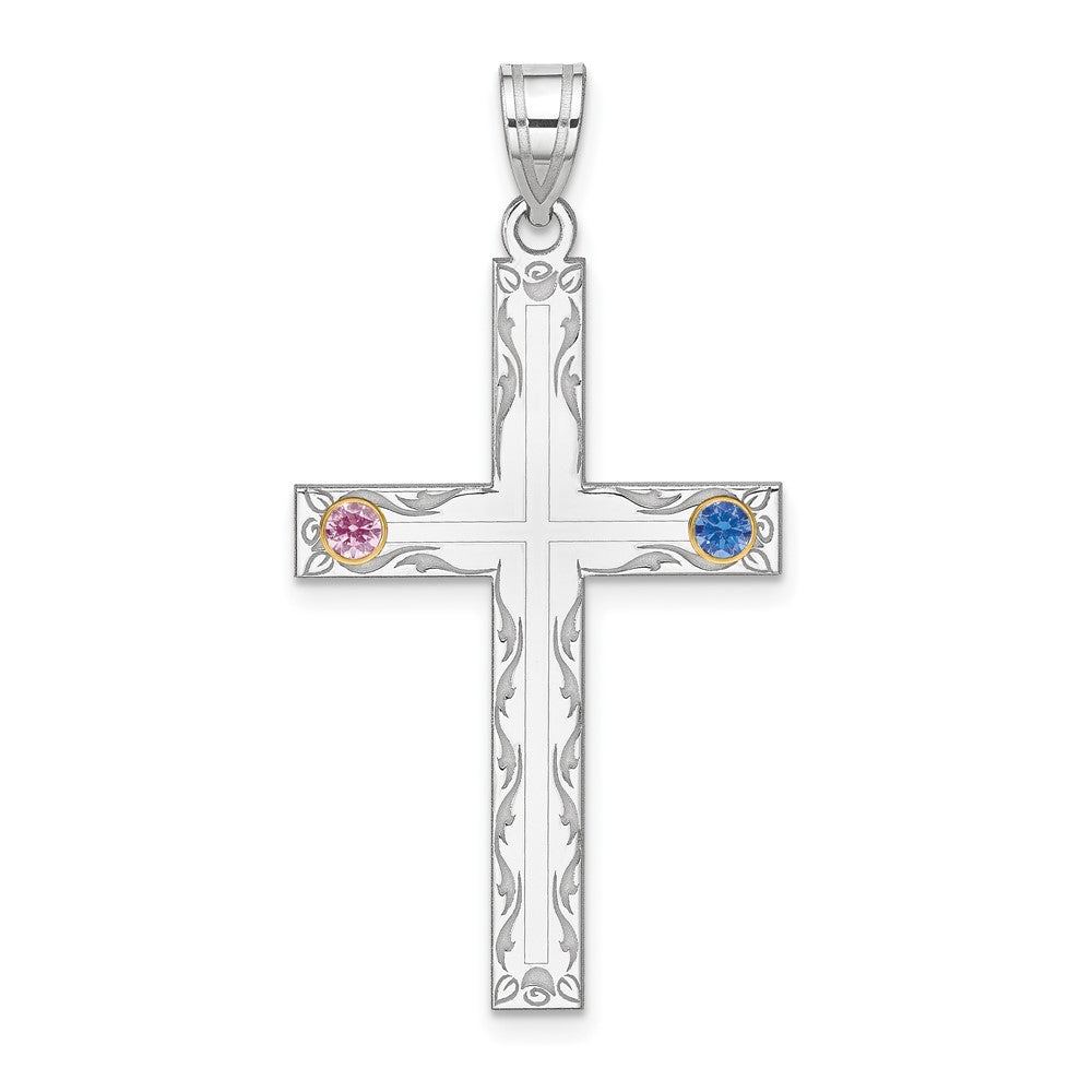 Sterling Silver Rh-plt/14k Bezel Crystal Family Cross Pendant - 13