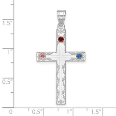 Sterling Silver Rh-plt/14k Bezel Crystal Family Cross Pendant - 14