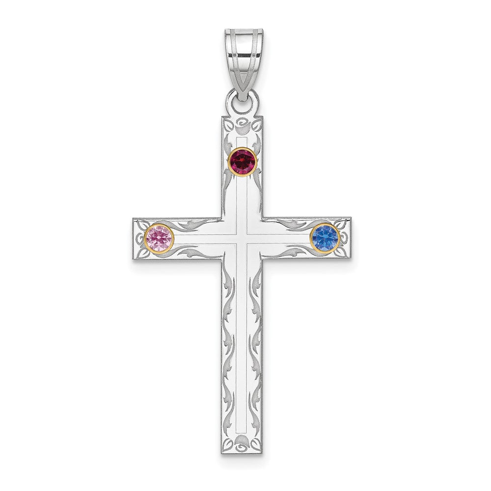 Sterling Silver Rh-plt/14k Bezel Crystal Family Cross Pendant - 14