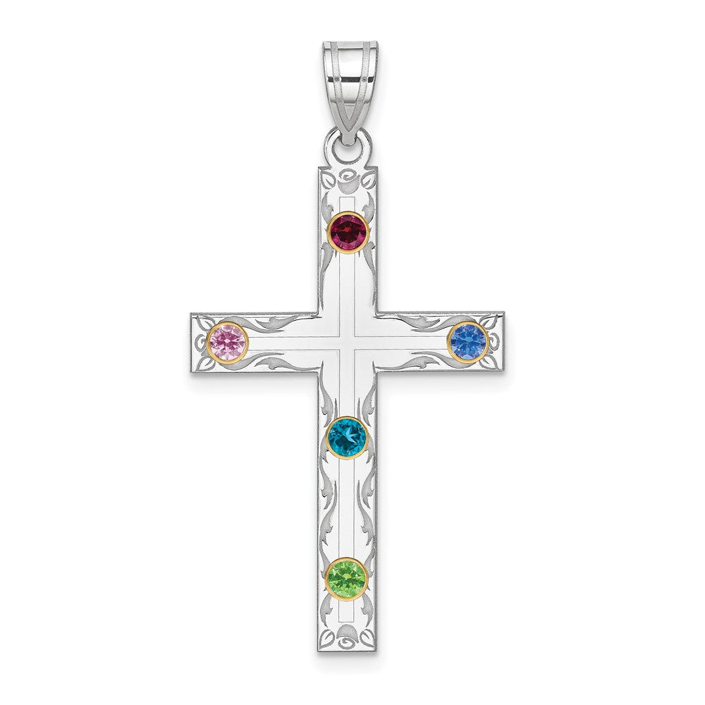 Sterling Silver Rh-plt/14k Bezel Crystal Family Cross Pendant - 8