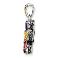 Sterling Silver Antiqued w/14k 5-stone w/Diamond Mother's Pendant - 7
