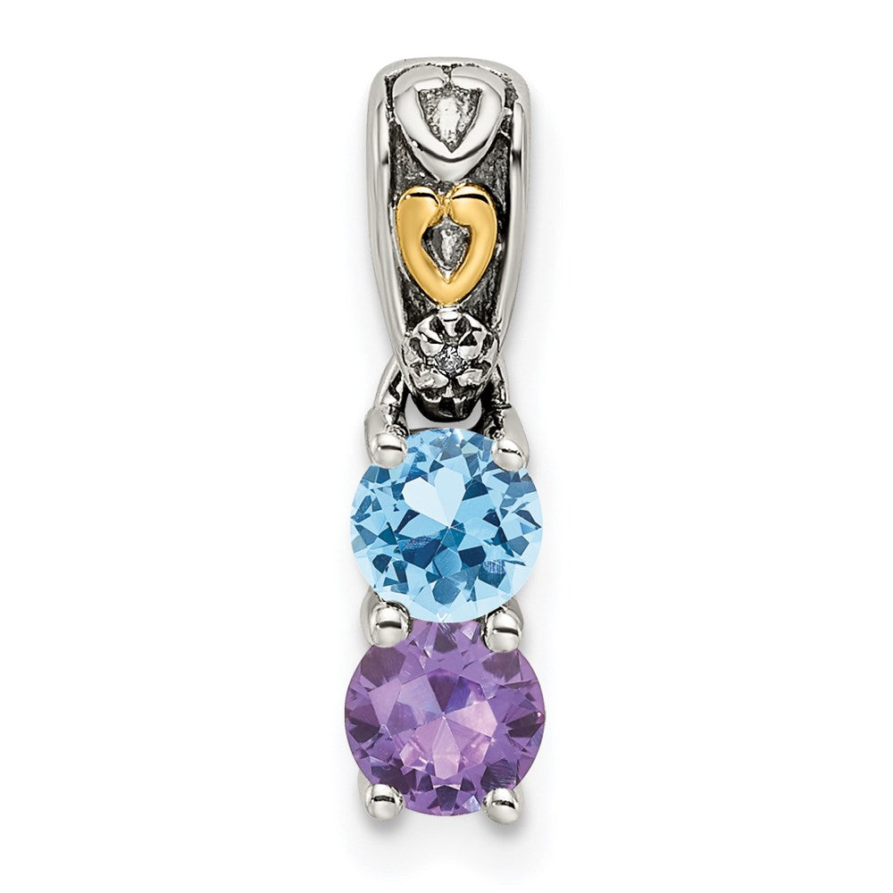 Sterling Silver Antiqued w/14k 2-stone w/Diamond Mother's Pendant - 10