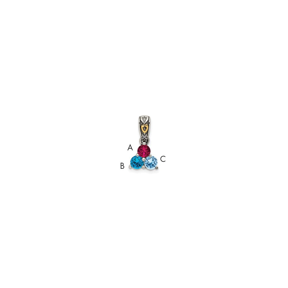 Sterling Silver Antiqued w/14k 3-stone w/Diamond Mother's Pendant - 4