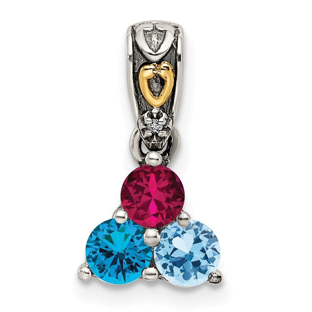 Sterling Silver Antiqued w/14k 3-stone w/Diamond Mother's Pendant - 4