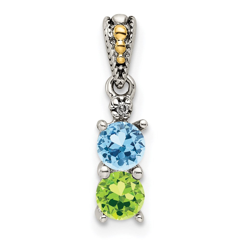 Sterling Silver Antiqued w/14k 2-stone w/Diamond Mother's Pendant - 11