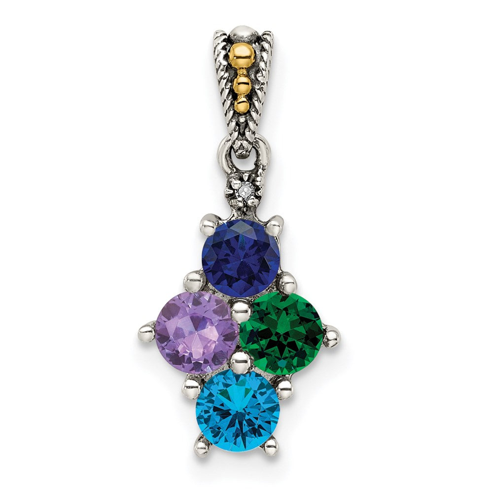 Sterling Silver Antiqued w/14k 4-stone w/Diamond Mothers Pendant Semi-Mount - 9