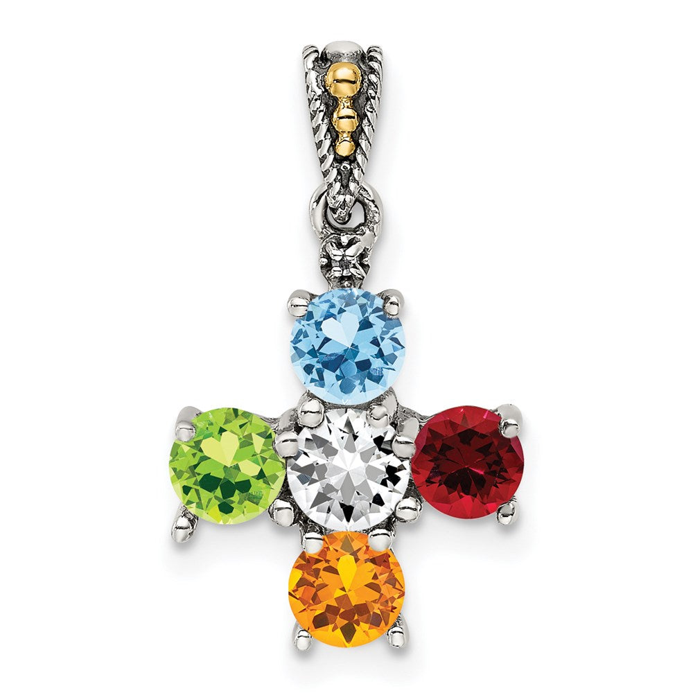 Sterling Silver Antiqued w/14k 5-stone w/Diamond Mother's Pendant - 8