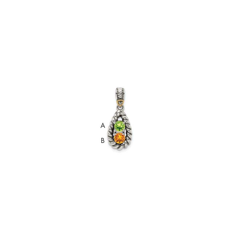 Sterling Silver Antiqued w/14k 2-stone w/Diamond Mother's Pendant - 6