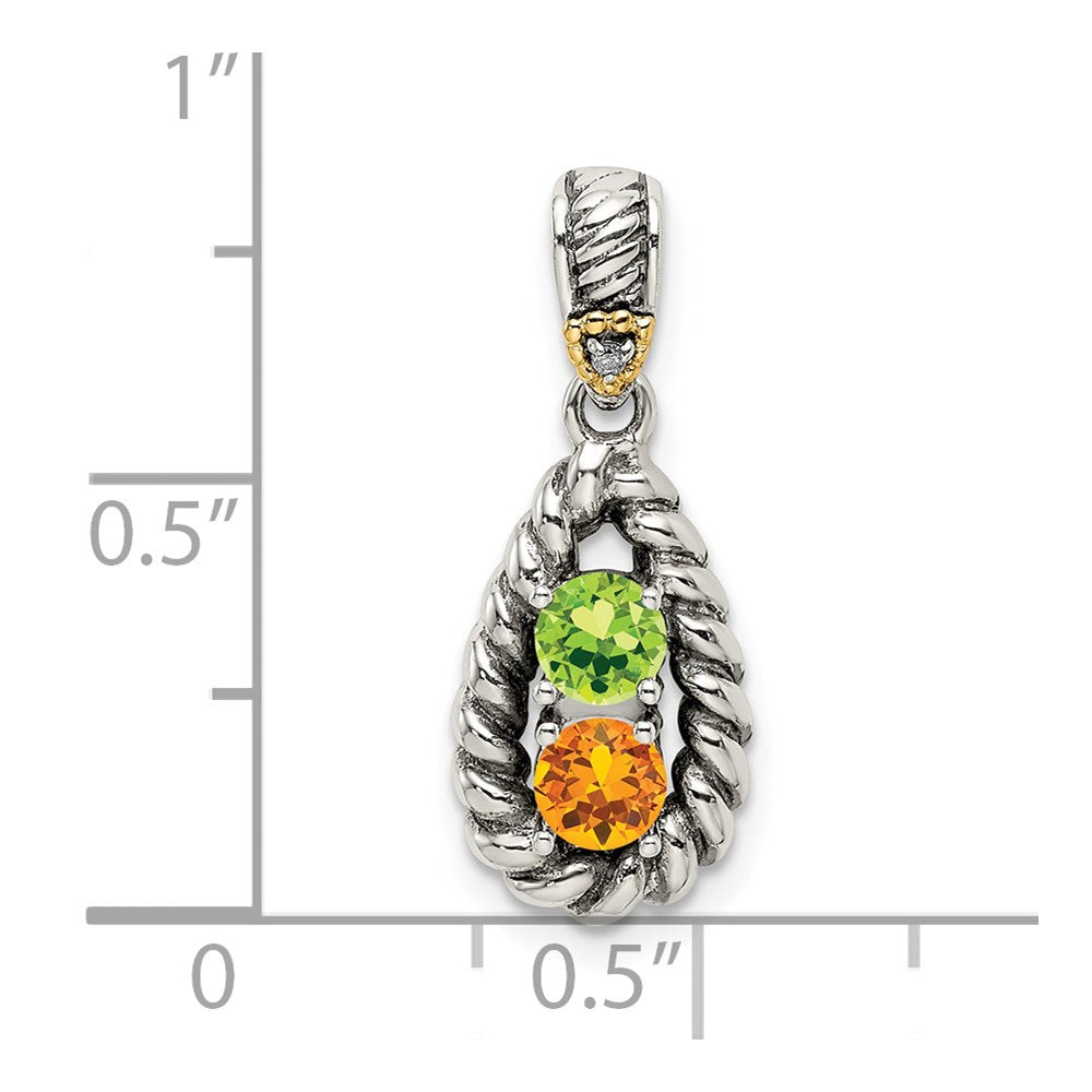 Sterling Silver Antiqued w/14k 2-stone w/Diamond Mother's Pendant - 6
