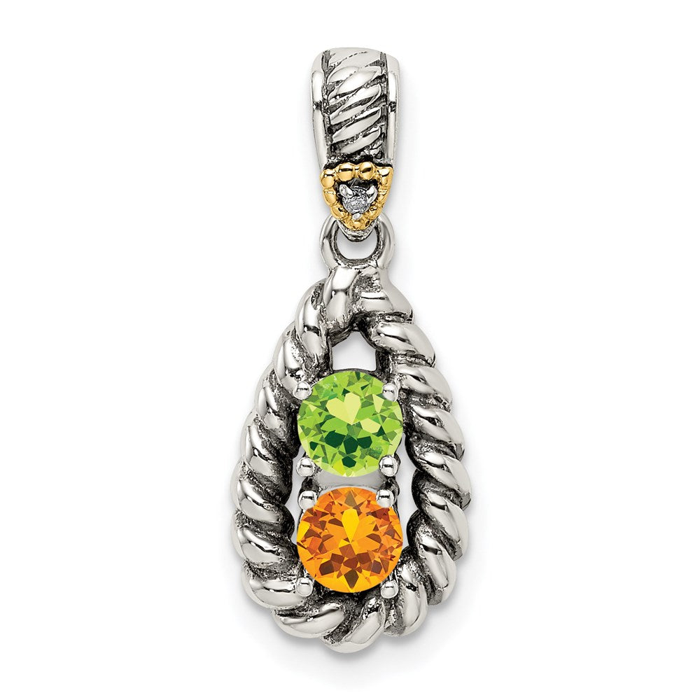 Sterling Silver Antiqued w/14k 2-stone w/Diamond Mother's Pendant - 6
