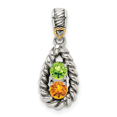 Sterling Silver Antiqued w/14k 2-stone w/Diamond Mother's Pendant - 6