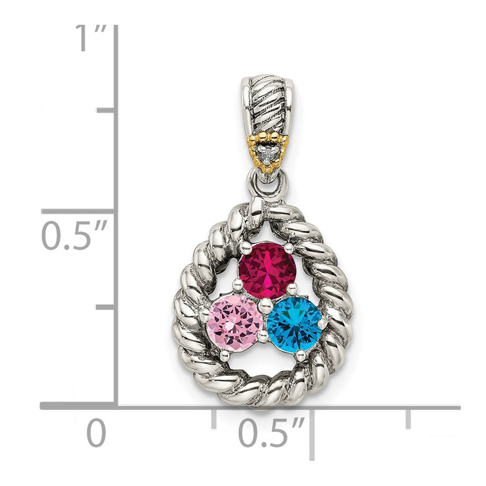 Sterling Silver Antiqued w/14k 3-stone w/Diamond Mother's Pendant - 5