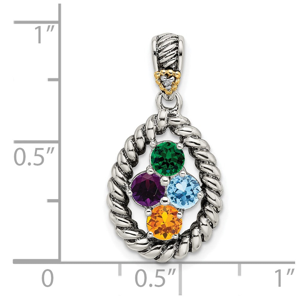 Sterling Silver Antiqued w/14k 4-stone w/Diamond Mother's Pendant - 5