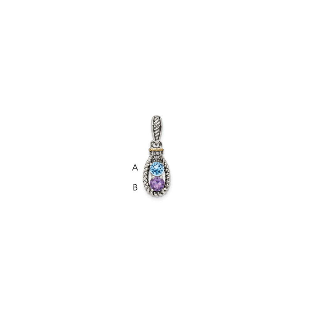 Sterling Silver Antiqued w/14k 2-stone w/Diamond Mother's Pendant - 12