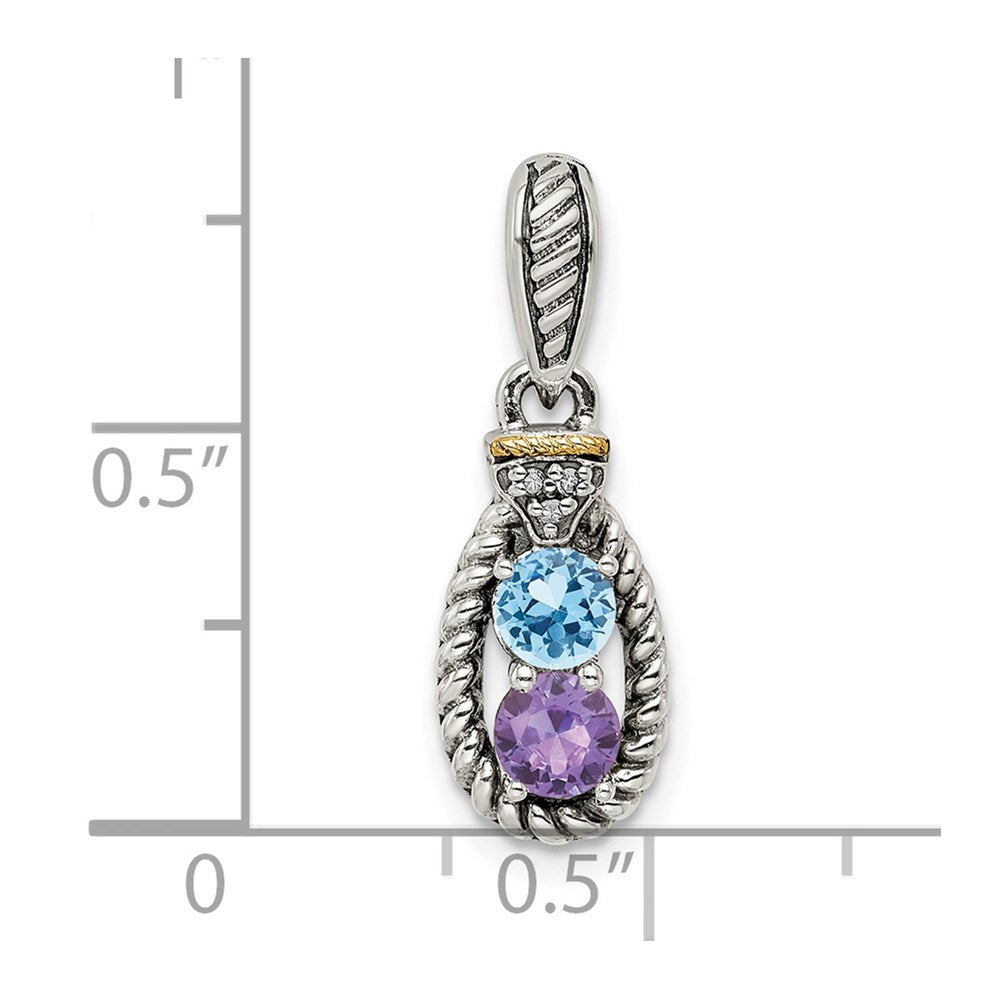 Sterling Silver Antiqued w/14k 2-stone w/Diamond Mother's Pendant - 12