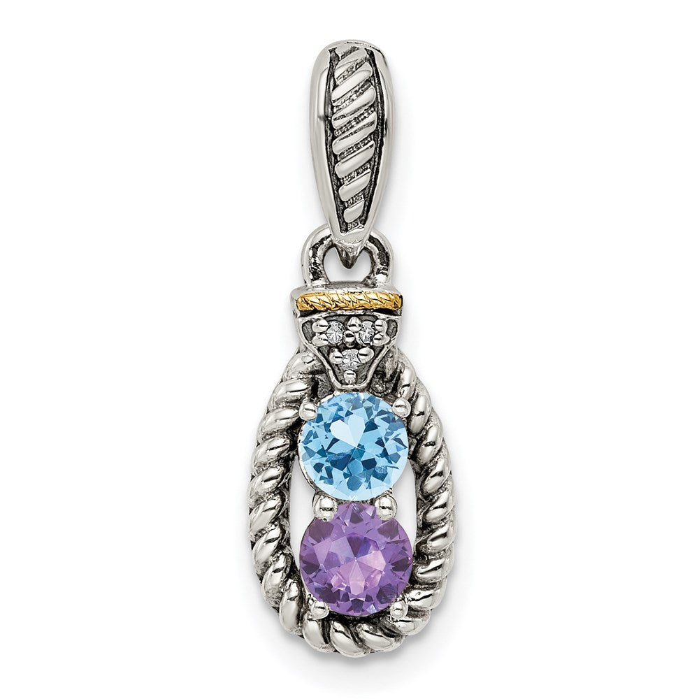 Sterling Silver Antiqued w/14k 2-stone w/Diamond Mother's Pendant - 12